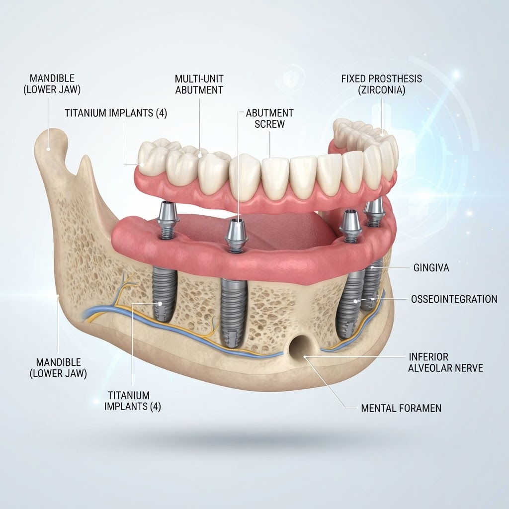 Ilustração do protocolo de implante dentário com dentes fixos